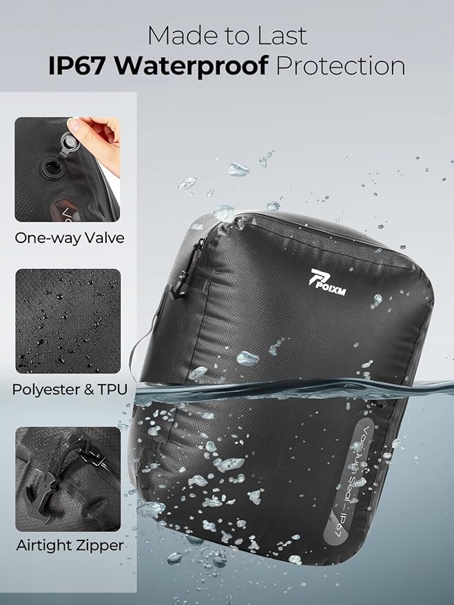 Vacuum Bags for Travel with Wireless Pump, 180° Open Zipper, IP67 Waterproof, Reusable Space Saver Compression Bags for Backpack, Suitcase, Home Storage(2 Pack + Pump)