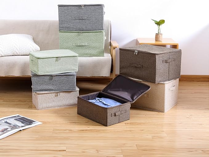 ANMINY Storage Bins with Zipper Lids 13 Qt Lidded Fabric Storage Boxes Baskets Cubes with Handles Collapsible Washable Cotton Linen Closet Shelf Clothes Organizer Containers - Beige, Small