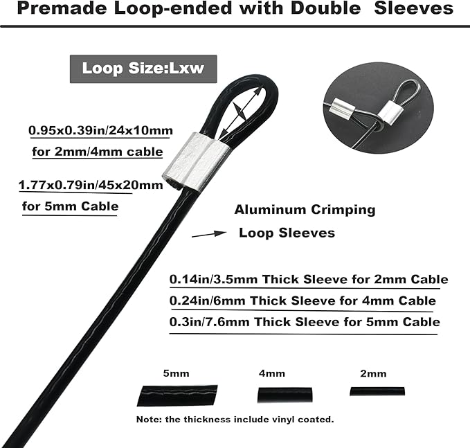 5 Pcs 5mm Wire 24 inch Vinyl Coated Stainless Steel Cable with Loops Short Wire Rope Lanyard Lock Security Chain Link for Outdoor Gates, Black(5mm x24inch)