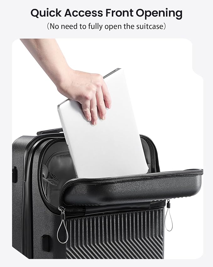 UrbanExplorer 20 Inch Carry-On Luggage with Front Opening, Cup Holder & USB Port, Lightweight ABS+PC Hardshell Spinner Suitcase, Airline Approved, 360° Wheels, Black