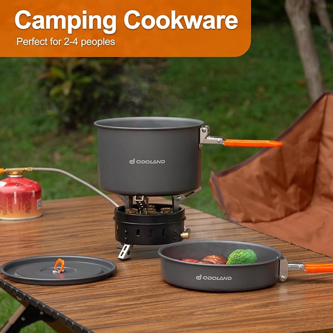 Odoland Camping Cookware Mess Kit, Non-Stick Lightweight Camping Pot and Fry Pan Set with Mesh Bag for Backpacking, Outdoor Cooking and Picnic