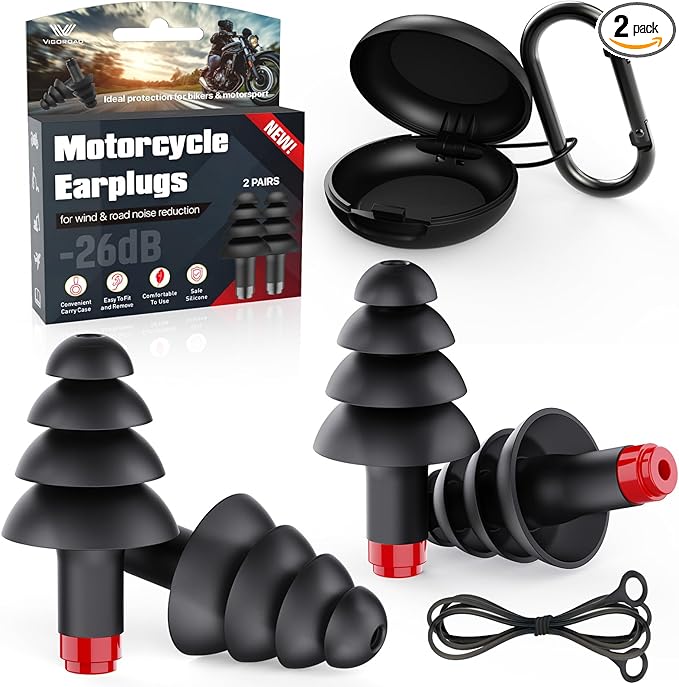 Motorcycle Ear Plugs, 2 Pairs Reusable Silicone, 26dB Wind Noise Reduction & Ear Protection Earplugs with Safety Cord & Travel Case, Comfort Fit for Motorbike, Highway Riding, Touring & Shooting