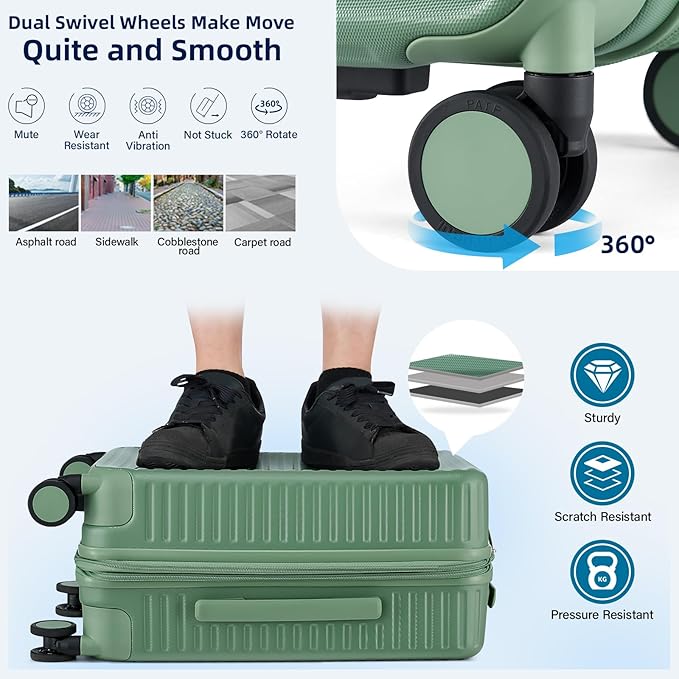 Hard Shell Suitcases Travel Expandable Luggage, 24 Inch Check in Luggage with Spinner Wheels Cup Holder Charger Built in, Checked Medium Suitcase Lightweight Suitcases, Forest Green