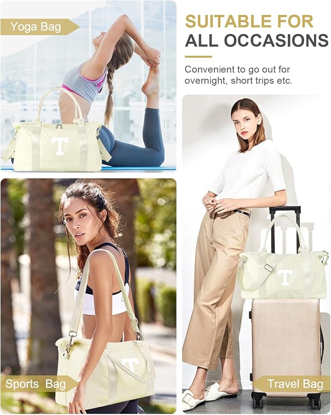 Initial Travel Duffel Bag Sports Gym Bag for Kids Teen Birthday Gifts,Beige Personalized Weekender Bag Carry On Dance Bags for Women Men,Waterproof Monogram Overnight Bag with Trolley Sleeve(Letter T)