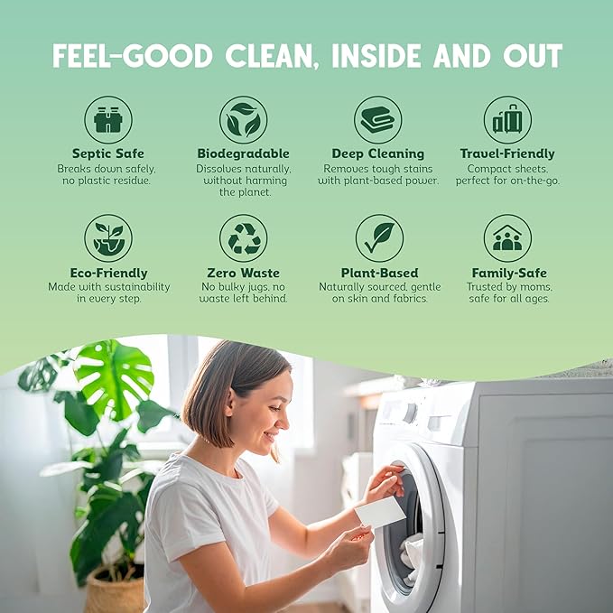 QLEAN Laundry Detergent Sheets (Travel Size 10 Loads) – Travel Laundry Detergent Sheets, Eco-Friendly Laundry Soap, HE & Standard Washer Safe, Stain Remover, Skin-Friendly - Ruby Sunset Bliss