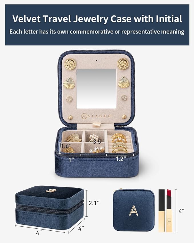 Vlando Travel Gifts 2025, Travel Jewelry Case for Girl Women, A Initial Jewelry Case, Mini Jewelry Travel Organizer Travel Essentials Gifts for Friend Teen Girls - Letter A, Dark Blue