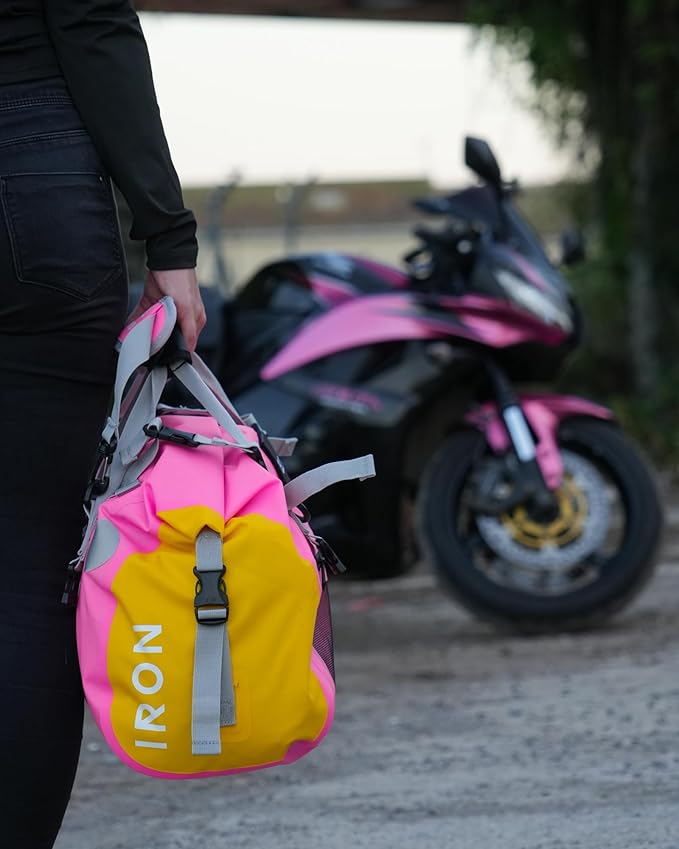 IRON JIA'S Motorcycle Dry Bag - Waterproof Duffle & Luggage Tail Bag Saddle Bags with Roll Top Closure, Shoulder Straps, Inner Pocket and Mesh Pocket (Pink, 50L)