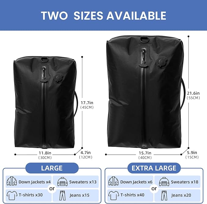 BAGAIL TPU Vacuum Bag for Travel, Reusable Compression Bag with IPX8 Waterproof Zipper, Save Space for Suitcase, Backpack and Carry on (Black, ExtraLarge, With Pump)