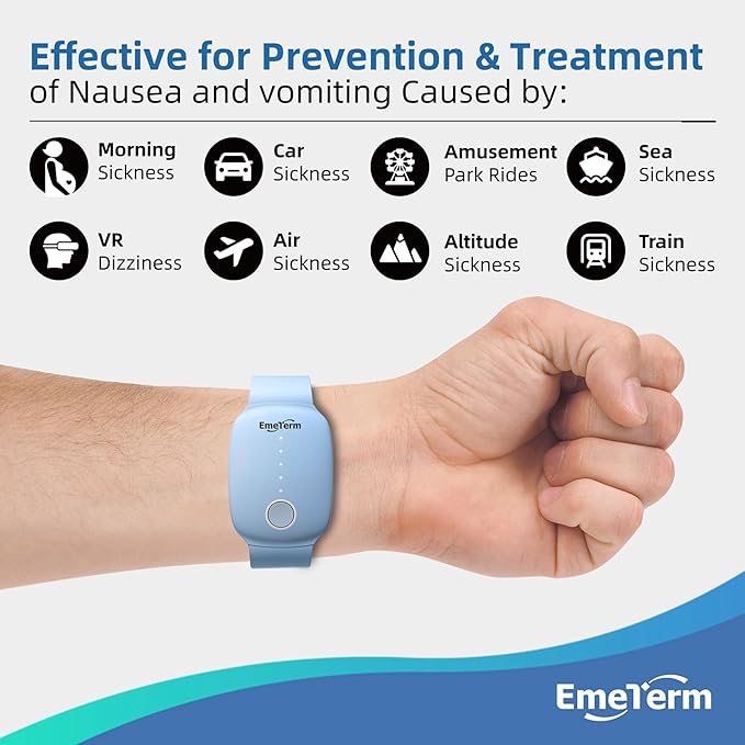 EmeTerm Fashion FDA-Cleared Relieve Nausea Electrode Stimulator Morning Sickness Motion Travel Sickness Vomit Relief Rechargeable No Gel Drug Free Wrist Bands Without Side Effects (2 Pack)