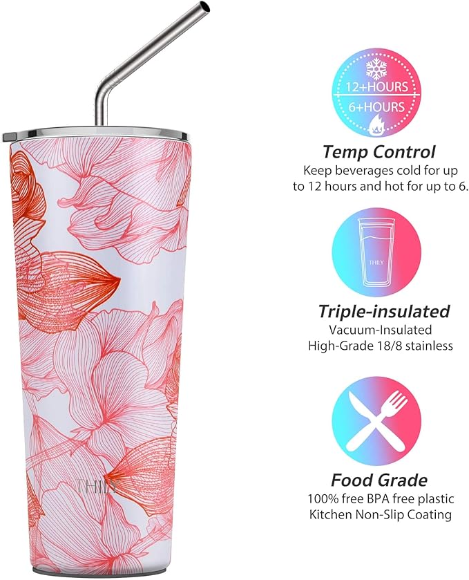 THILY Tumbler Stainless Steel Coffee Cup 26 oz Triple-Insulated Travel Mug with Splash-Proof Lid, Reusable, BPA Free, for Iced Water and Hot Beverage Smoothies Cup, Red Lotus