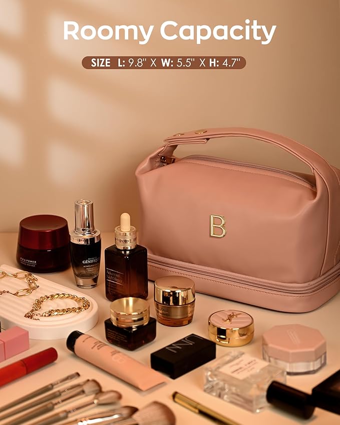Customized Gifts-Women Gifts, Personalized Makeup Bag with Handle, Initial Double Layer Cosmetic Bag with Makeup Brush Organizer, PU Leather Travel Toiletry Bag, Gifts for Friends Female Mom