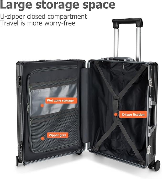 feilario 24in Aluminium Frame PC Hard Shell Spinner Wheels Luggage, Built-In TSA lock Carry on Suitcase, with Cup Holder, USB Port, Phone Holder ﻿