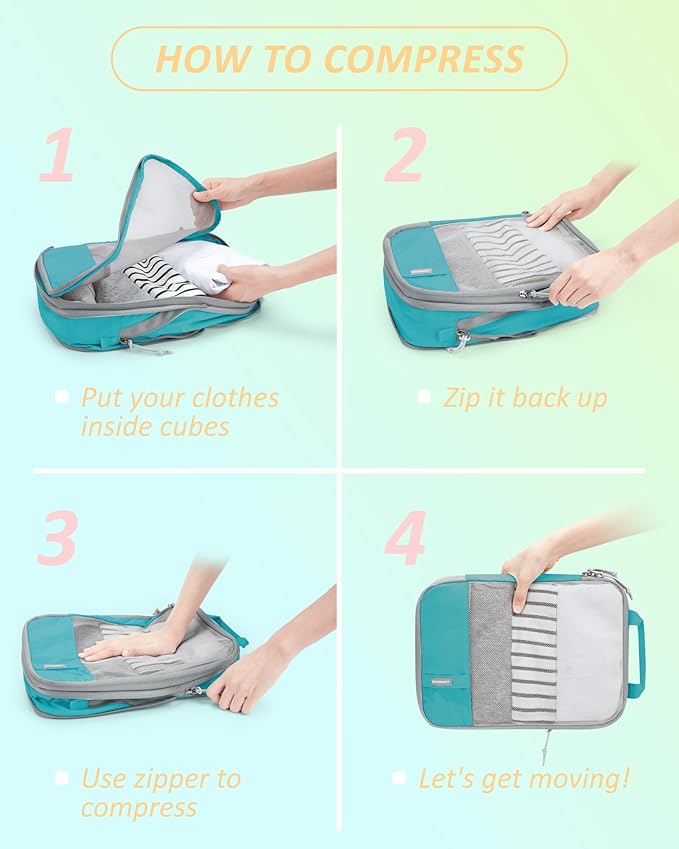 BAGSMART 6 Set Compression Packing Cubes - Lightweight Travel Essentials, Durable Luggage Organizer
