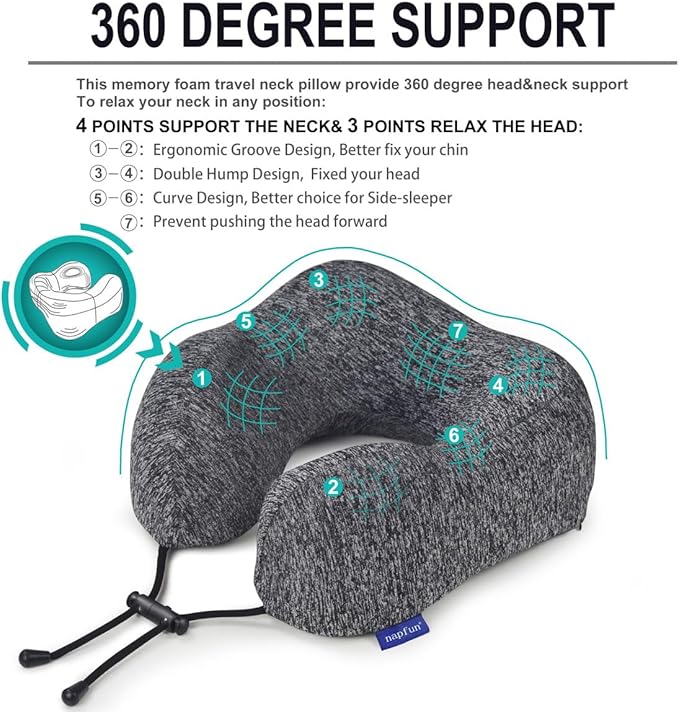 napfun Travel Pillow for Airplane, Premium Memory Foam Neck Pillow for Flight Headrest Sleep, Portable Plane Accessories, Deep Gray