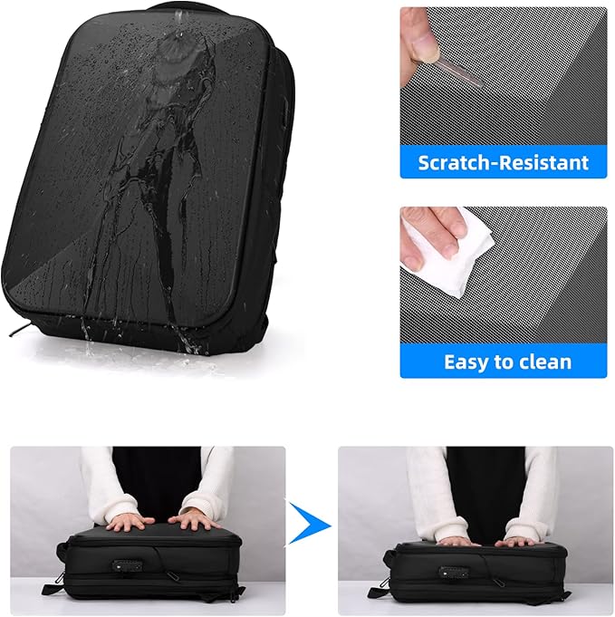 FENRUIEN Anti Theft Laptop Backpack for Men, Expandable Water Resistant Hardshell Backpack with USB Port, Black Business Travel Computer Bag 15.6 Inch