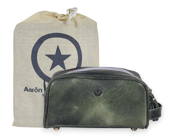 10" Premium Leather Toiletry Travel Pouch With Waterproof Lining | King-Size Handcrafted Vintage Dopp kit By Aaron Leather Goods (Seaweed Green)