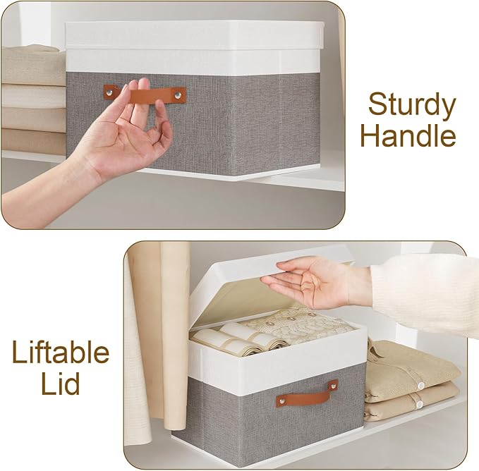 Fabric Storage Bins with Lids, 1 Pack Linen Foldable Cloth Baskets, 15 x 9.8 x 9.8 Inch Closet Organizer Containers with Double Handles, Sweater Boxes for Bedroom, White and Grey