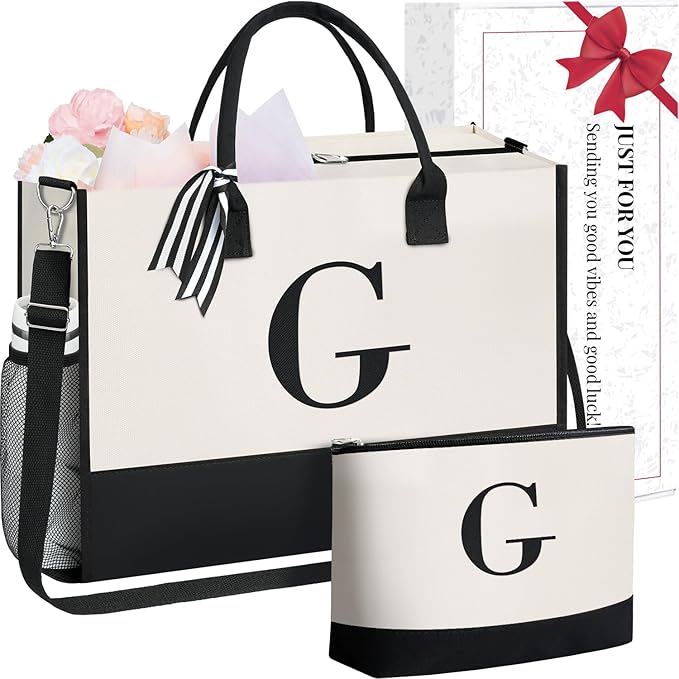 BAGAIL Initial Tote Bag, Personalized Birthday Gifts for Women, Teacher, Friends, Mom, Wedding, Monogrammed Beach Bag