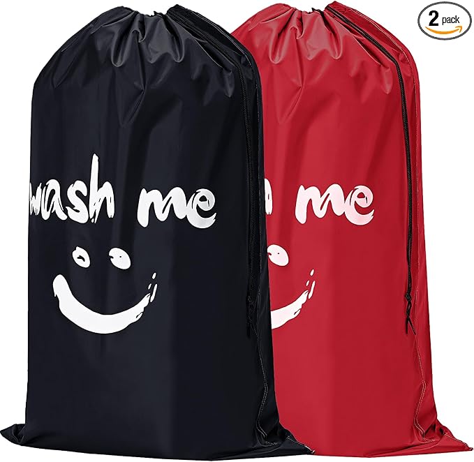 HOMEST 2 Pack XL Wash Me Travel Laundry Bag, Dirty Garments Organizer, Large Enough to Hold 4 Loads of Clothes, Easy Fit a Hamper or Clothing Basket, Black and Red
