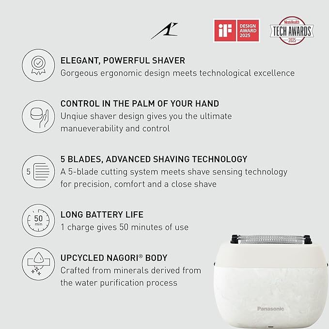 Panasonic ARC5 Palm-Sized Foil Shaver for Men, Powerful Travel Electric Razor, USB-C Charge Wet/Dry, Easy Clean Luxury Japanese 5-Blade, Smooth & Precise Cut w/Smart Sensor (Natural Sea Stone)