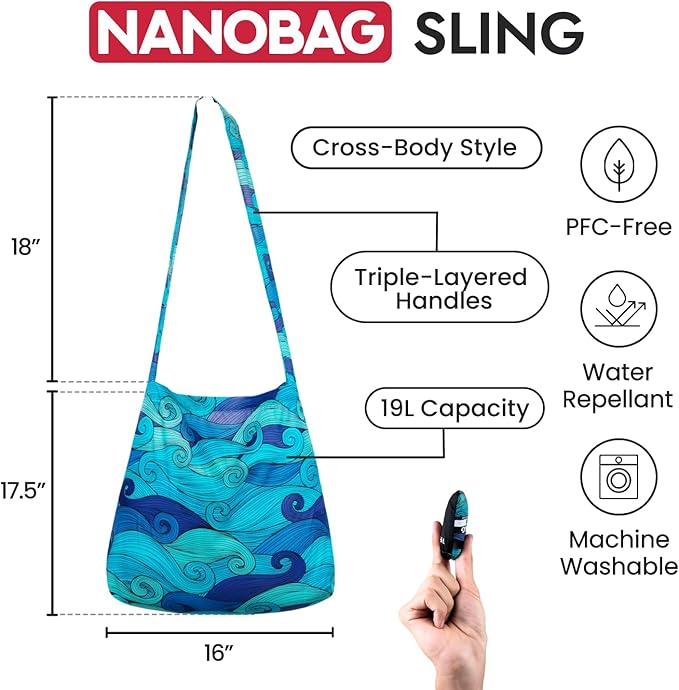 Nanobag Ultra-Lightweight Foldable Sling for Women & Men, Reusable Grocery & Travel Bag, Packable Collapsible Compact Market Crossbody (Sling Psychedelic)