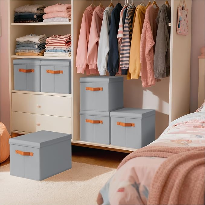 Storage Bins with Lids - Large Fabric Closet Bins with Lid, 8 Pack Clothes Organizers and Storage, Collapsible Stackable Cube Basket for Home, Office, Dorm, Grey