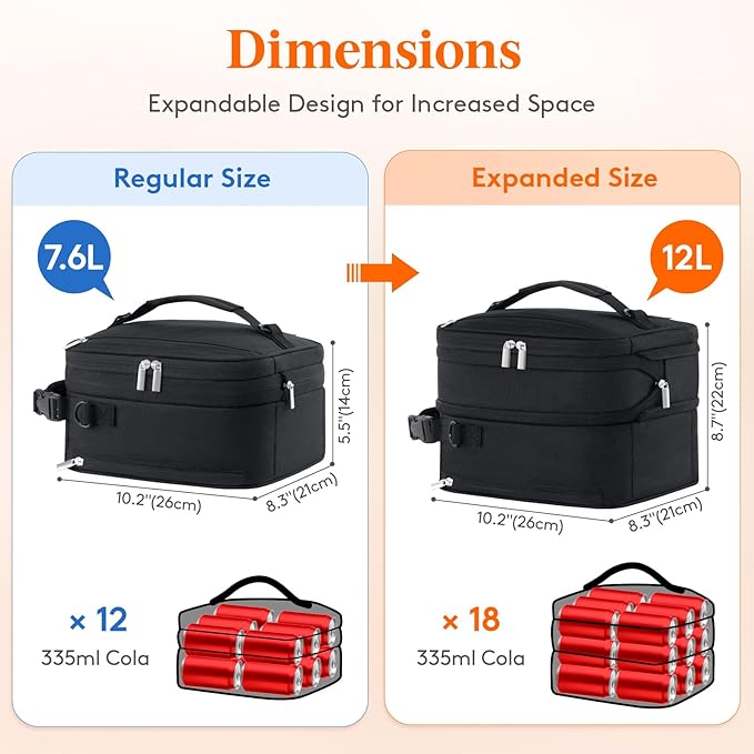 Lifewit Insulated Lunch Box for Men, Expandable Cooler Bag, Freezable Lunch Bag for Women with 2 Ice Packs and Shoulder Straps for Work Travel College, 12L Black