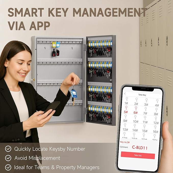 WeHere 96 Key Lock Box Wall Mount(Plus), Smart Security Storage Lockbox, Key Cabinet use APP Bluetooth/Fixed/Dynamic Password/OTP Share Unlock, Key Management for Valets/Realtors/Office