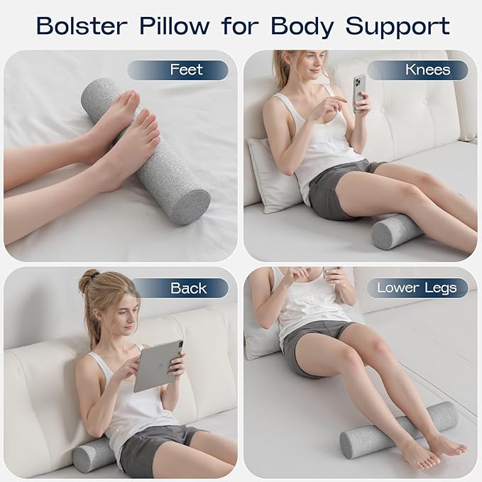 Neck Roll Pillow, Memory Foam Neck Support Pillows, Round Neck Pillows, Cylinder Bolster Pillows for Bed, Couch, and Yoga, Removable Washable Cover,18 * 4 * 4 inch (Grey)