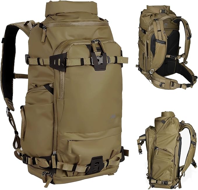 Tenzing 30L Water-Resistant Camera Backpack with Rain Cover, 14" Laptop Compartment, Fits DSLR, Drone, Lenses, Tripod-Brown