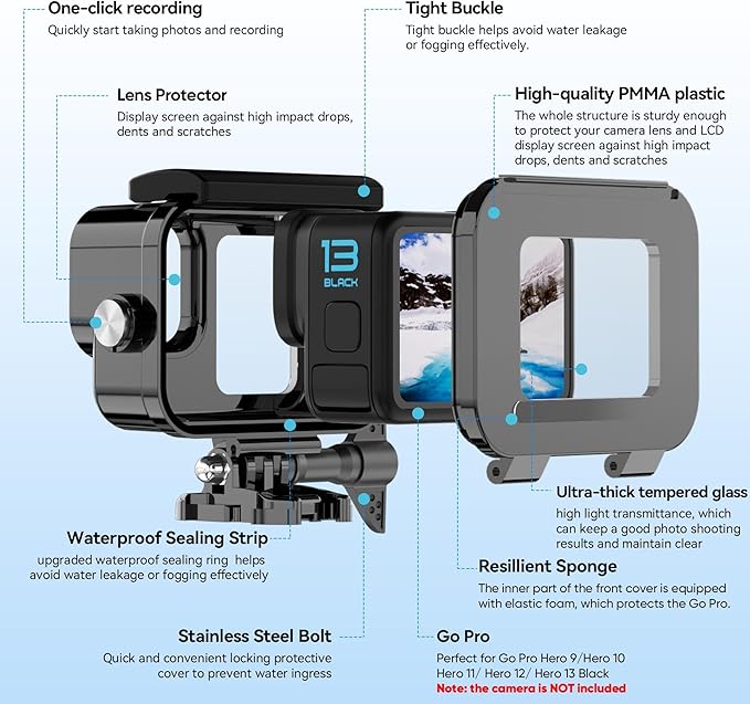 Compatible for Go Pro Hero 13 12 11 10 9 Black Waterproof Housing Case 60M/196FT Protective Underwater Diving Case Shell with Cameras Handle Mount Accessories Kit