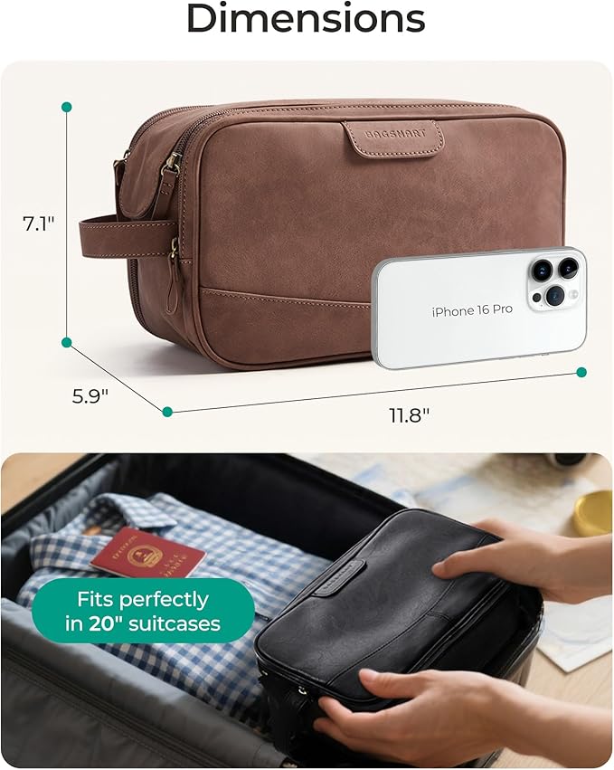 BAGSMART Toiletry Bag for Men, PU Leather Travel Bag for Toiletries, Dopp Kit Water Resistant Shaving Bag for Bathroom Shower-Light Brown