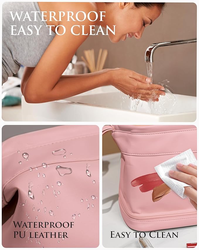 Initial Makeup Bag, Personalized Large Capacity Cosmetic Bag with Makeup Brush Organizer, Waterproof, PU Leather Pink Makeup Pouch Travel Skincare Bag, with 1 Drawstring Toiletry Organizers