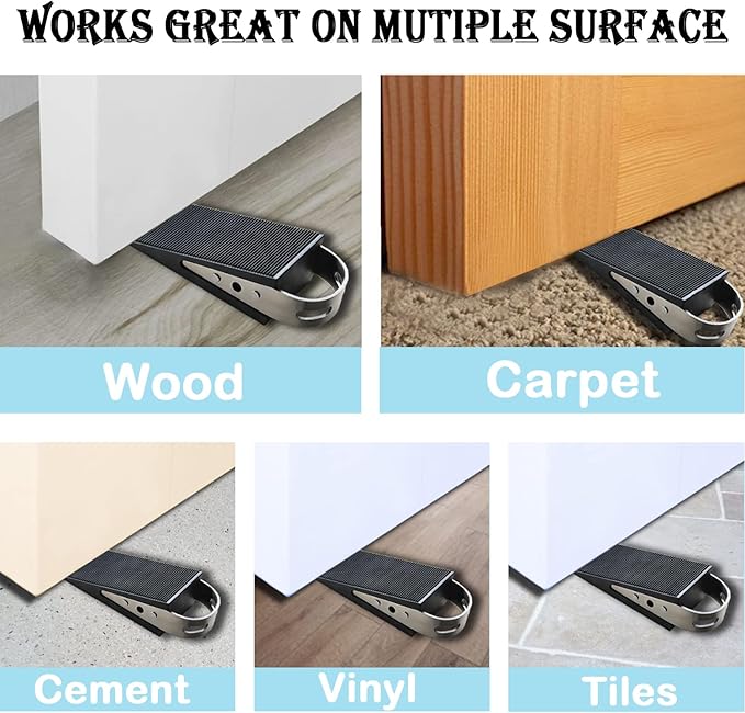 Shackcom Rubber Door Stopper Wedge, 1 Pack Black Heavy Duty Door Stop Suitable for All Floor Types, with Stainless Steel Hangers for Easy Storage, Prevents Unwanted Slams and Bumps