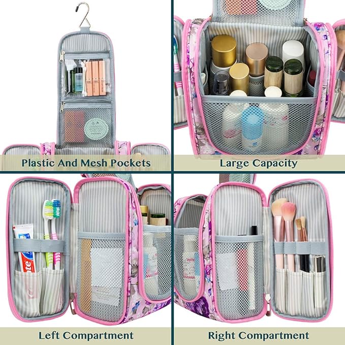PAVILIA Toiletry Bag Travel Bag for Women Men, Hanging Cosmetic Organizer, Water Resistant Makeup Bag for Accessories Toiletries, Large Travel Essentials Kit (Floral Pink)