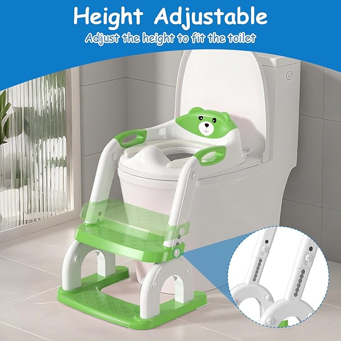 Potty Training Seat for Toddlers - Upgrade 2-in-1 Toilet Seat Toilet Ladder for Kids Children Boys Girls, Anti-Slip Pad & Adjustable Height with Waterproof PVC Cushion - Green