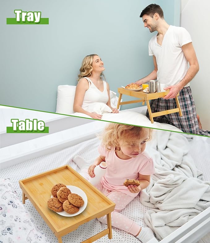 Bed Tray Table with Folding Legs,Bamboo Breakfast in Bed for Kitchen Serving Tray,Sofa,Eating,Used As Laptop Desk Snack Tray 2 Pack (Bamboo)