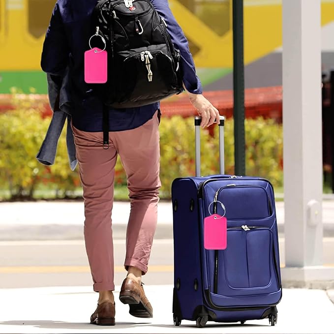 Luggage Tags for Suitcases-Leather Luggage Tag 4 Pack with Loops Cute Bag/Backpack/Suitcase Tags Travel Essentials for Flying (Pink)