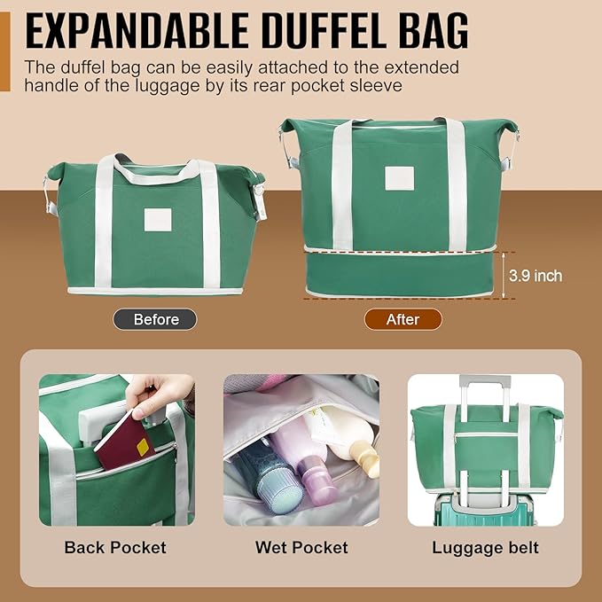 Romswi 3-Piece Carry-On Luggage Set with Cup Holder TSA Lock, 20" Hardside Spinner Suitcase with Duffel Bag, Lightweight Durable PC+ABS Sage Green Travel Luggage
