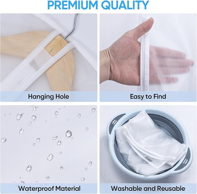 BALEINE 60'' Translucent Garment Bags, 6 Packs PEVA Dress Bag for Closet Clothes Dresses Suit Coats Storage (Black, 6PK)
