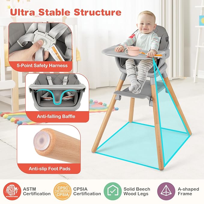 HONEY JOY Baby High Chair, 6 in 1 Convertible Wooden Highchair for Babies and Toddlers/Chair/Bar Stool, Removable Double Tray & Reversible Footrest, Safety Harness for Infant Boys Girls (Dark Gray)
