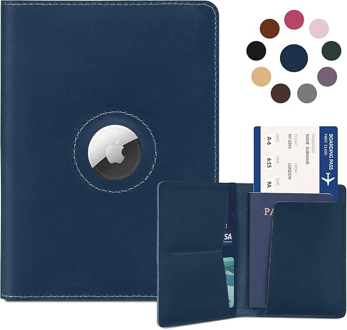 Passport Holder for Men Women Travel, Real Leather Passport Wallet, Handmade Passport Cover Case with Airtag Slot, Travel Must Haves Essentials Accessories Birthday Gifts (Crazy Horse, Blue)