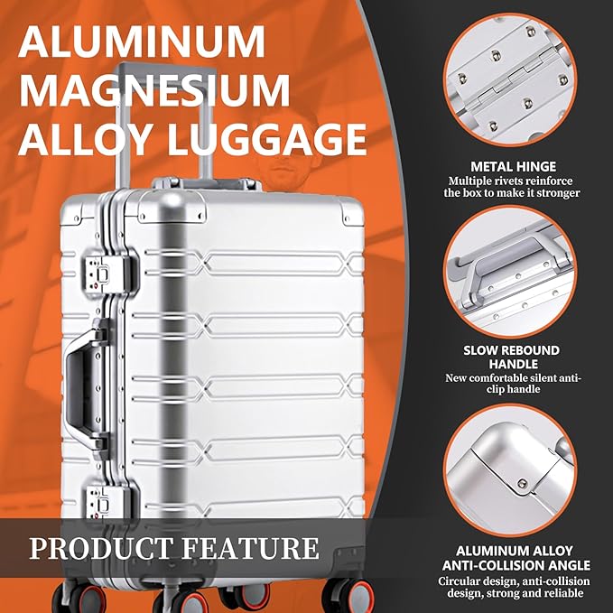 WEICHEN All Aluminum Magnesium Carry On Luggage 22x14x9 Airline Approved 20 Inch Hard Shell Suitcase with Spinner Wheels and TSA Lock