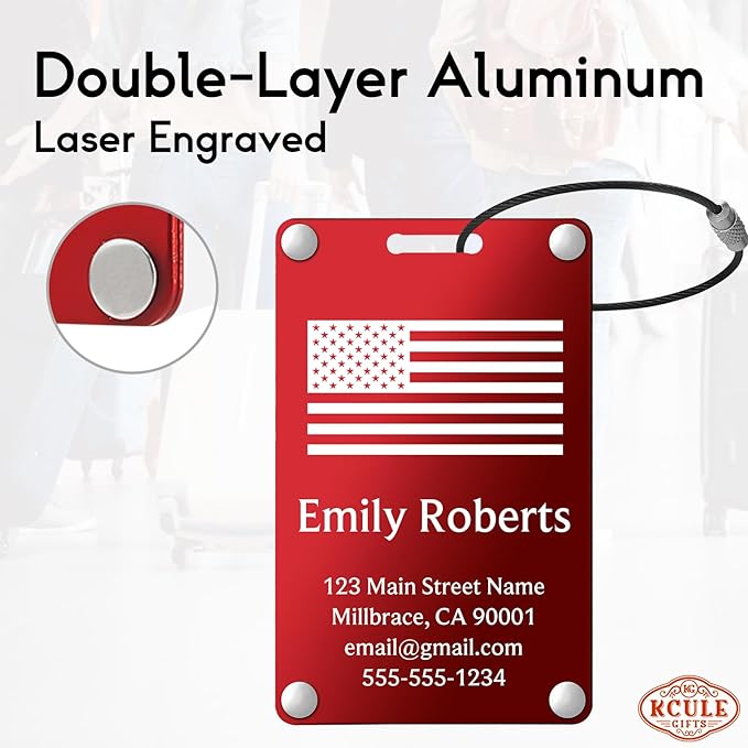 Personalized Luggage Tags: Custom Metal Luggage Tags for Suitcases, Backpacks and Bags with Your Personalized Text (Red)