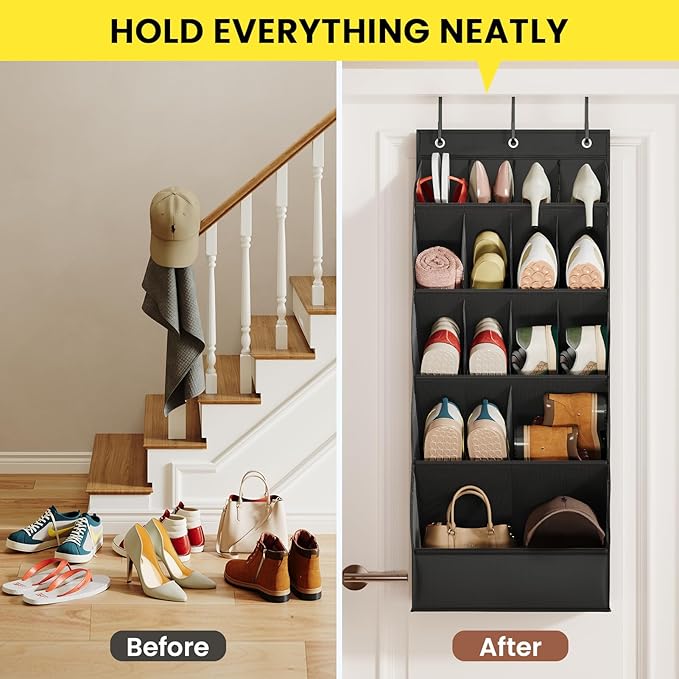 Over the Door Shoe Organizer for Closet, Shoes Rack for Closet with 15 Large Pockets, Hanging Shoe Organizers for Boot Storage, Behind the Door Narrow Shoe Holder for Small Shoes, Black
