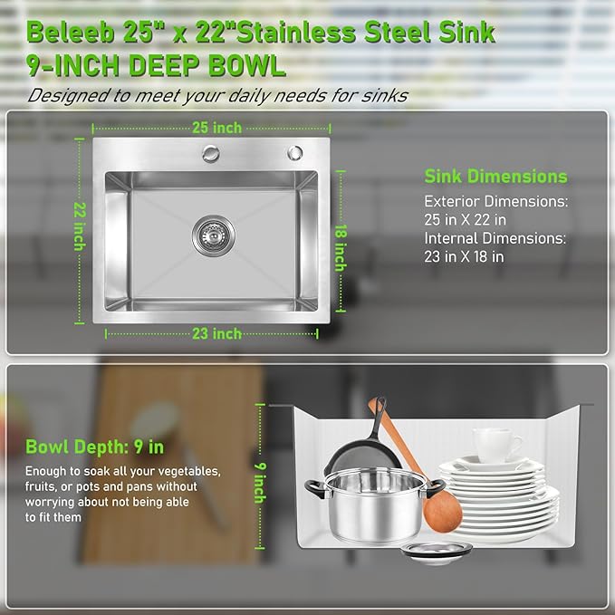 Drop In Kitchen Sink 25x22", 9" Basin Depth, 18 Gauge Stainless Steel Sink, 3D Embossed Surface Finish Top Mount with Accessories