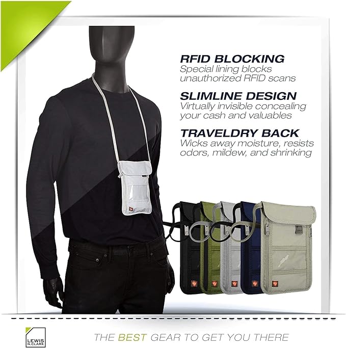 Lewis N. Clark Men's RFID Blocking Stash Wallet, Travel Neck Pouch Passport Holder for Women & Men, Olive, One Size