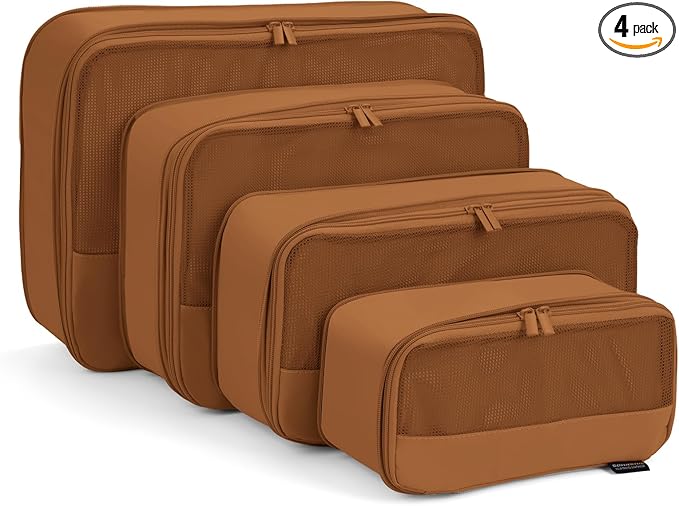 4 Piece Compression Packing Cubes for Suitcases and Backpack, Lightweight Travel Organizers (Light Brown)