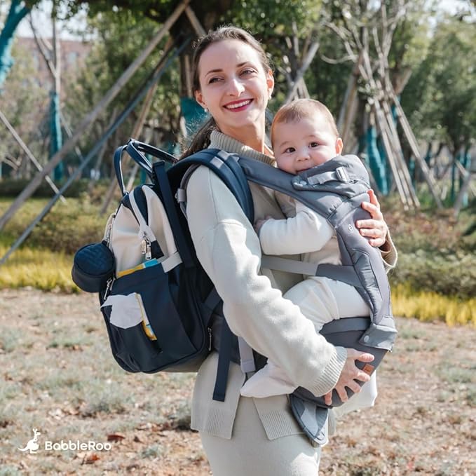 BabbleRoo Grow Carrier – 6-in-1 Baby Carrier with Hip Seat, Ergonomic, Cozy & Adjustable Toddler Carrier 7-50 lbs with Hip & Lumbar Support, Hood for Sun Protection, Newborn to Toddler, Seafoam