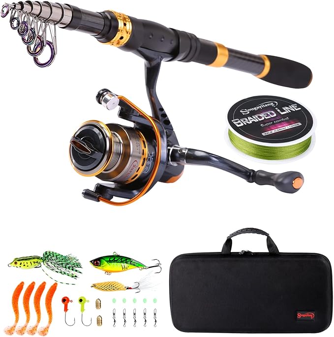 Sougayilang Fishing Rod Reel Combos Carbon Fiber Telescopic Fishing pole with Spinning Reel for Travel Saltwater Freshwater Fishing